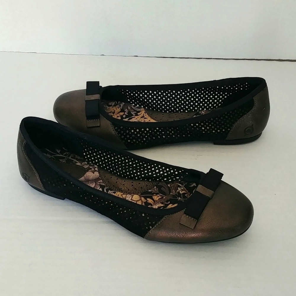 Born Shoes Women's Size 10 M Leather Flats Bow Black & Bronze Weave Pattern - Picture 8 of 8
